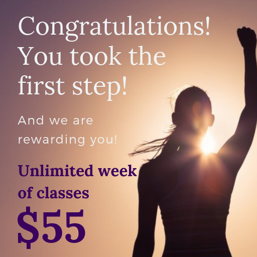 Picture of women with fist in air advertising $55 unlimited week package