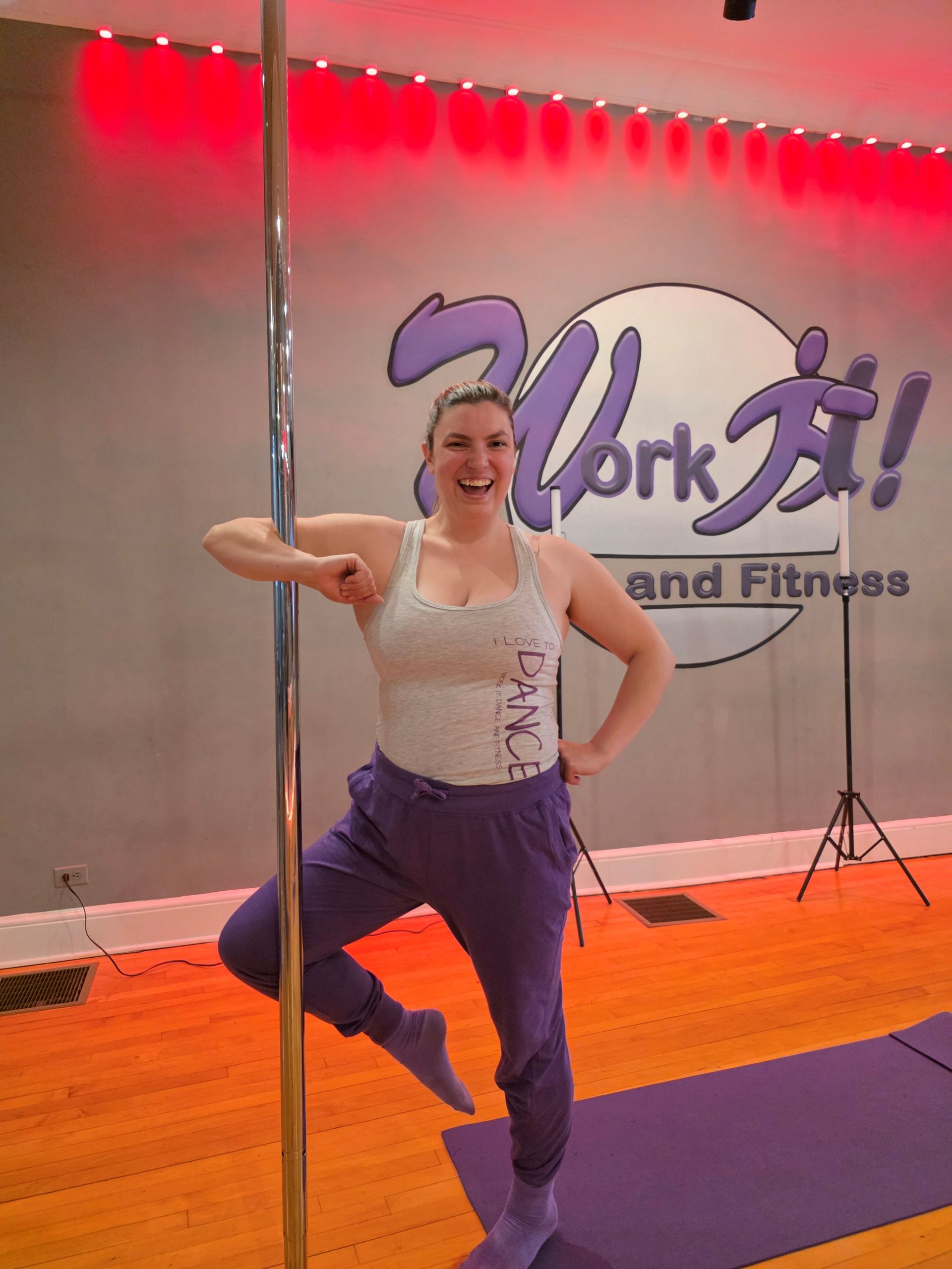 Beginner learning pole at Work It